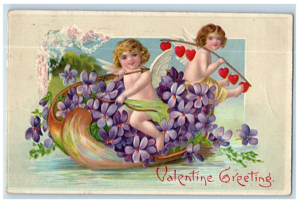 1909 Valentine Greetings Angels Pansies Flowers Embossed Columbus OH Postcard