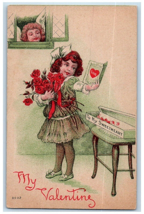 c1910's Valentine Girl Letter Roses Flowers Stalker Angel Antique Postcard