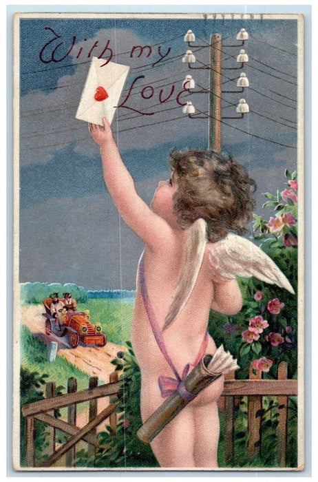 1910 Valentine Cupid Angel Letter Car Pansies Flowers Embossed Antique Postcard