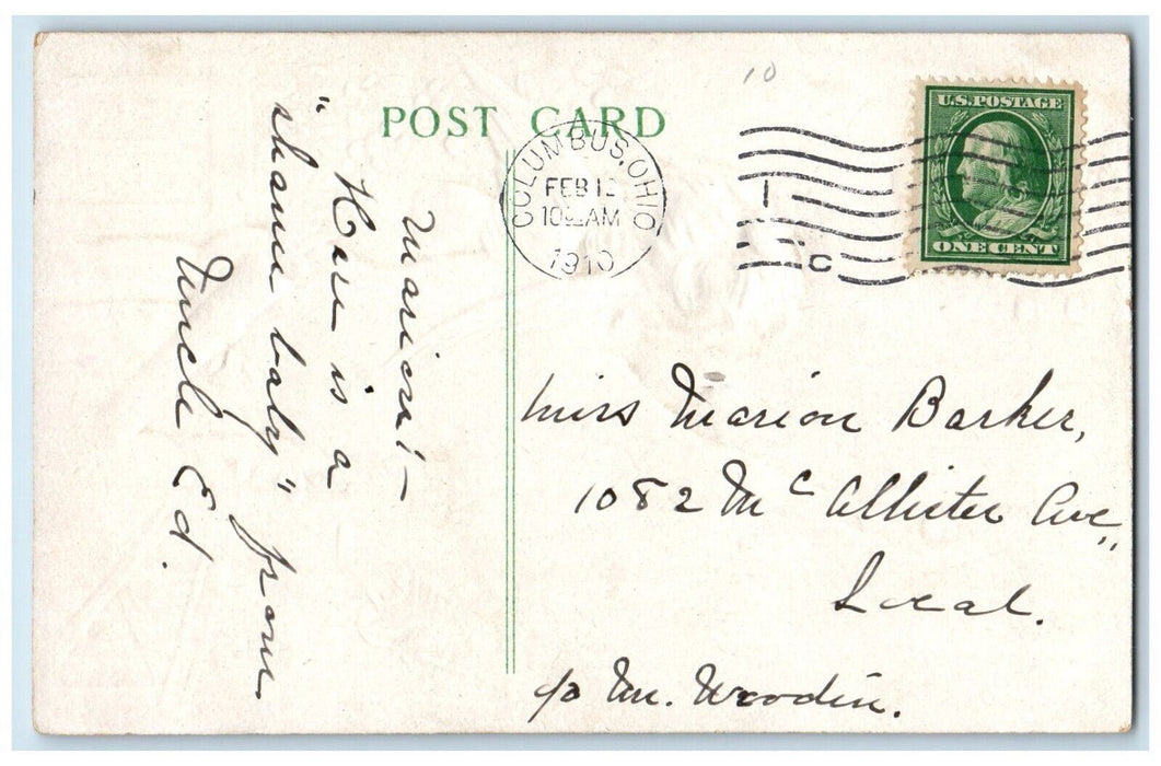 1910 Valentine Cupid Angel Letter Car Pansies Flowers Embossed Antique Postcard