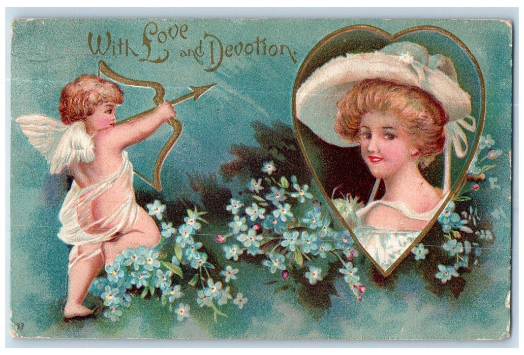 1910 Valentine Cupid Angel Bow And Arrow Heart Girl Pansies Clapsaddle Postcard