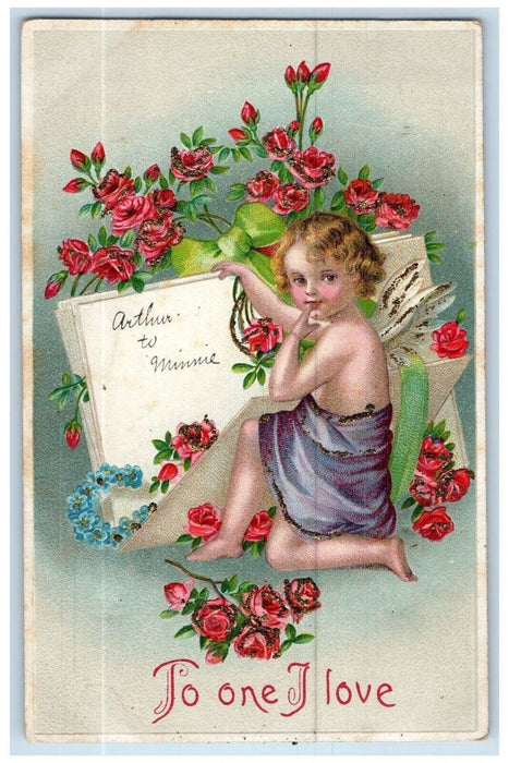 c1910's Valentine Angel Writing Roses Pansies Flowers Embossed Antique Postcard