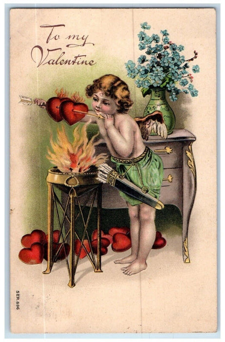 1911 Valentine Angel Arrow Fire Hearts Pansies Flowers Embossed Antique Postcard