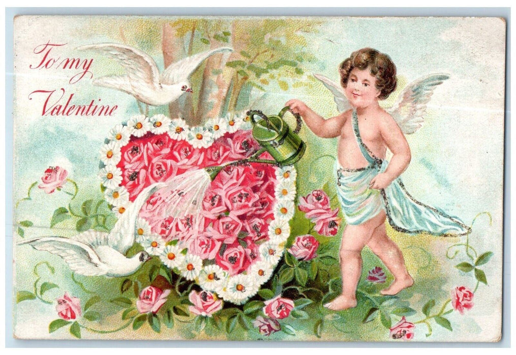 c1910's Valentine Angel Watering Daisy Flowers Roses Dove Embossed Postcard