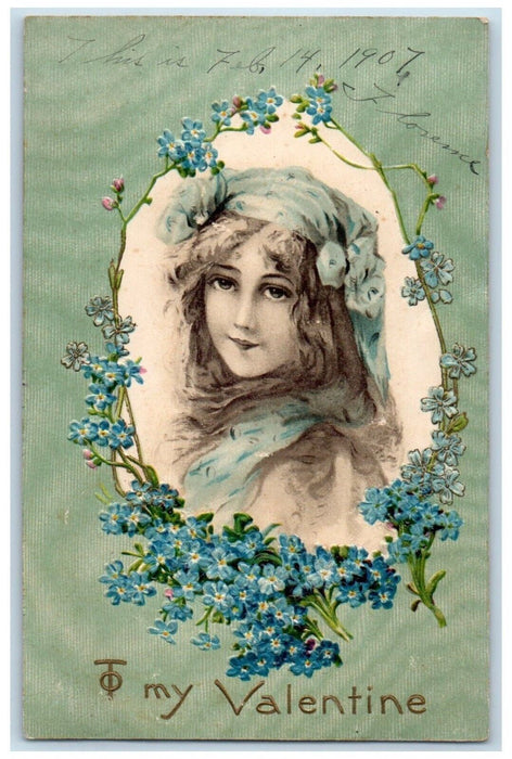 1907 Valentine Pretty Girl Pansies Flowers Embossed Posted Antique Postcard