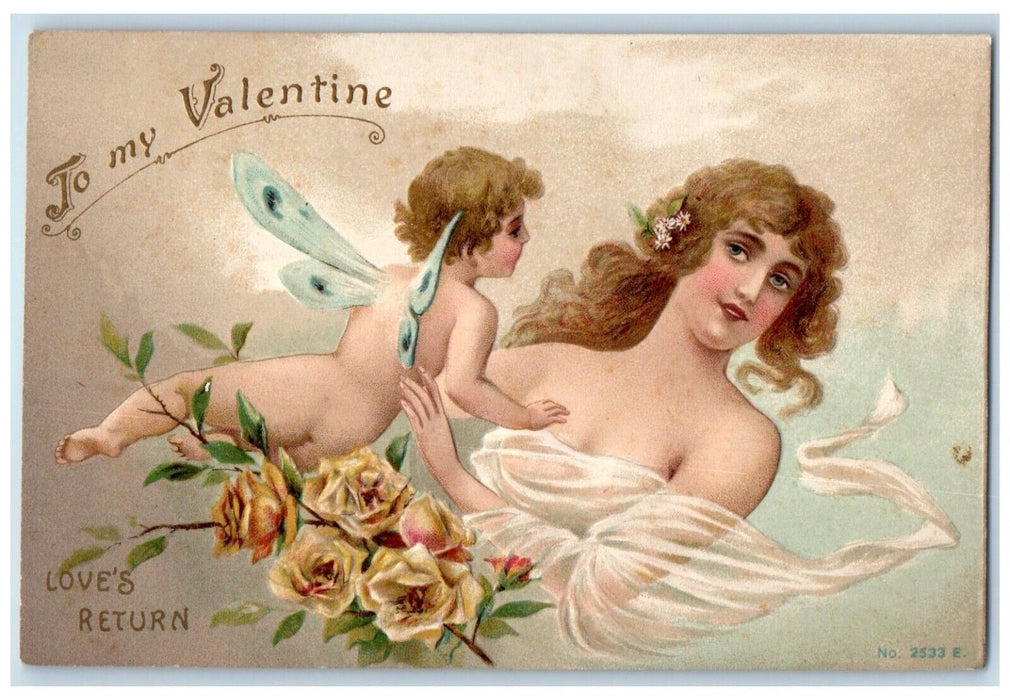 c1910's Valentine Pretty Girl Angel Butterfly Wings Flowers Embossed Postcard