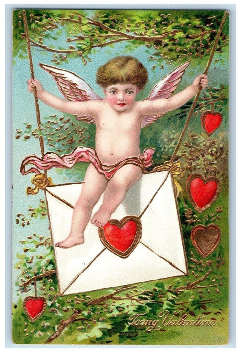 c1910's Valentine Angel Letter Swing Rope Hearts Embossed Antique Postcard