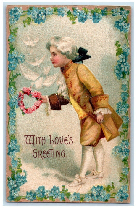 1908 Valentine Greetings Boy Dove Heart Flowers Pansies Embossed Posted Postcard