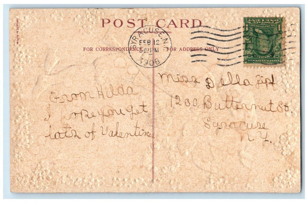 1908 Valentine Greetings Boy Dove Heart Flowers Pansies Embossed Posted Postcard