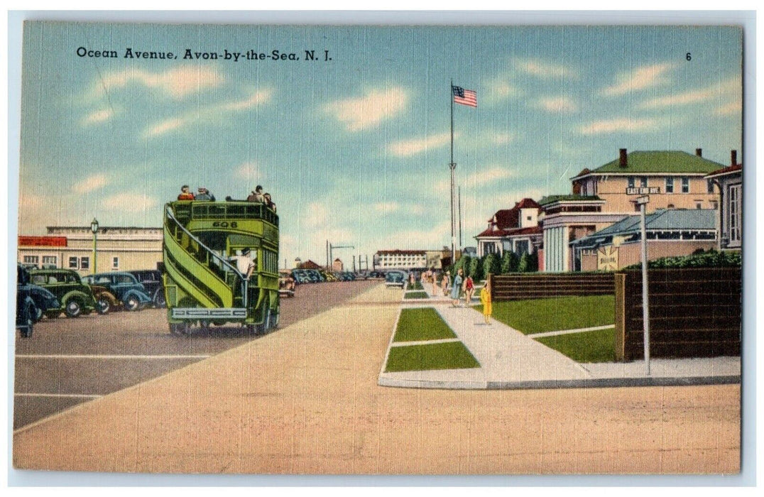 c1950's Bus Car US Flag Ocean Avenue Avon By The Sea New Jersey NJ Postcard