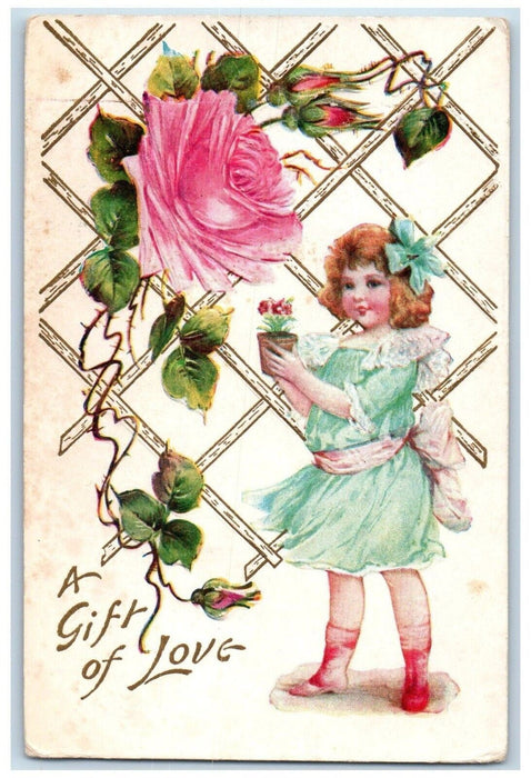 c1910's Valentine Little Girl Dress Pink Rose Flowers Embossed Antique Postcard