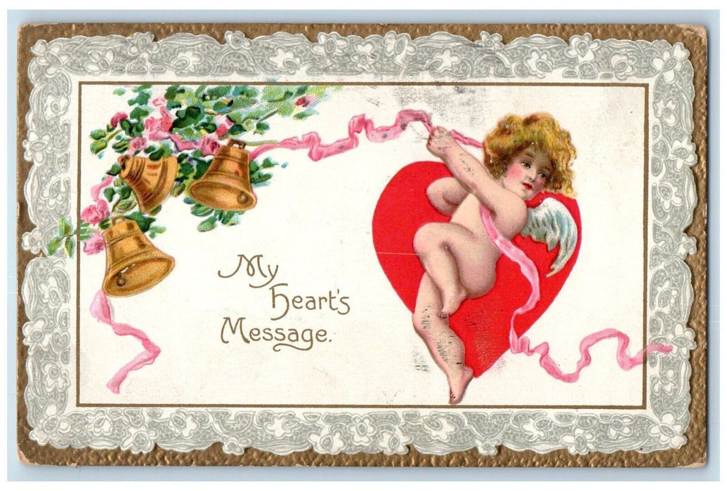 1911 Valentine Angel Heart Bells Tuck's San Diego California CA Antique Postcard