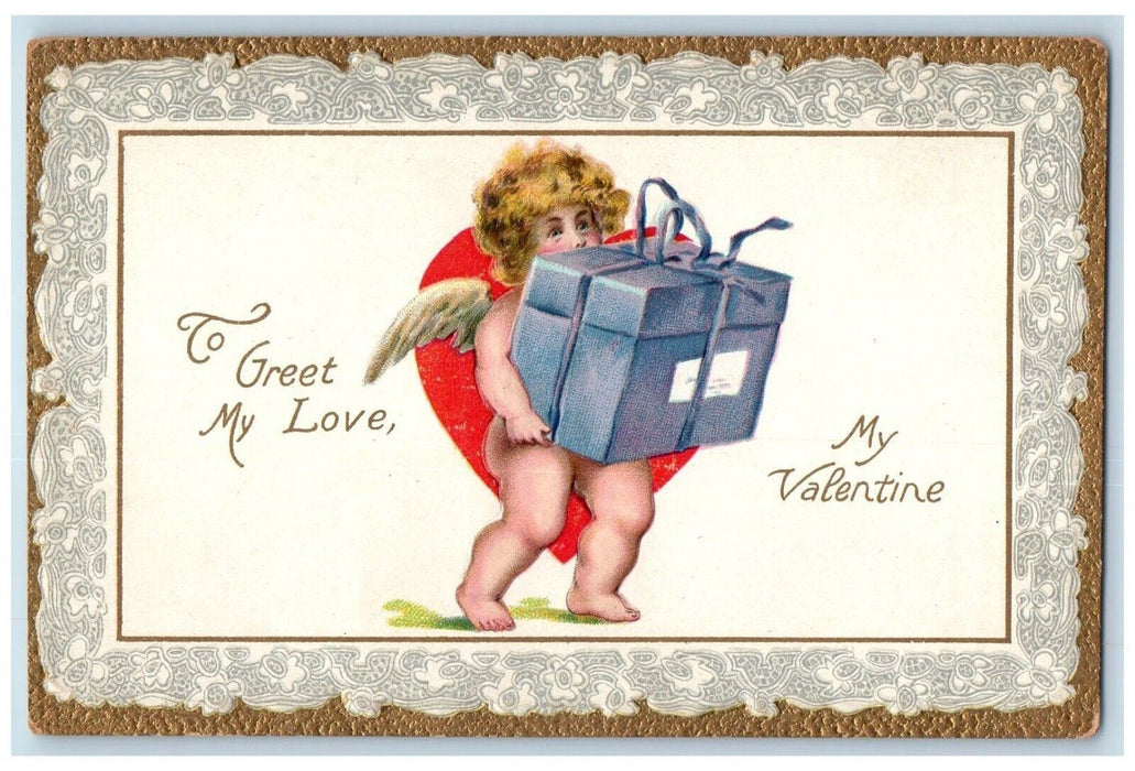 c1910's Valentine Angel Heart Gift Box Embossed Posted Antique Tuck's Postcard