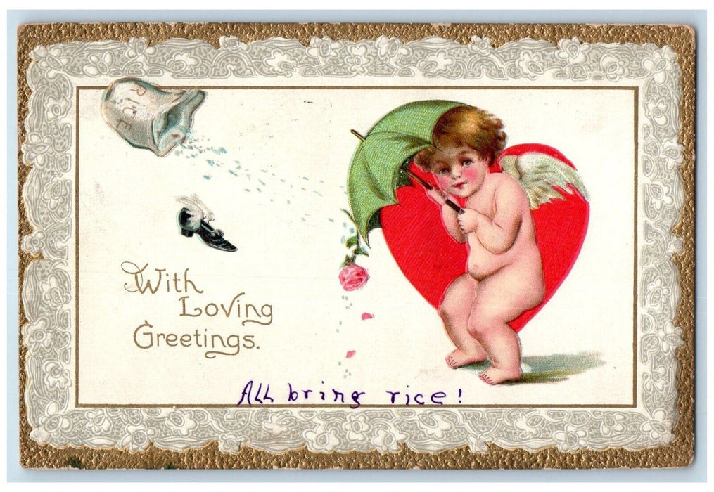 1910 Valentine Greetings Angel Cherub Heart Flowers Sack Of Rice Tuck's Postcard