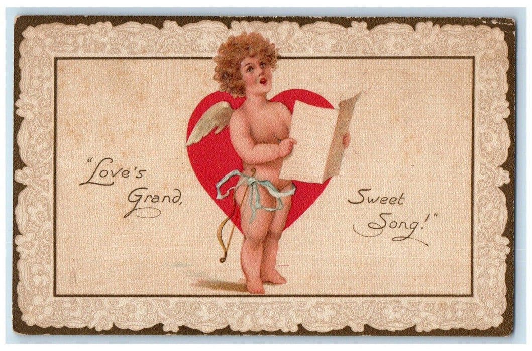 c1910's Valentine Singing Angel Bare Butt Heart Tuck's Posted Antique Postcard