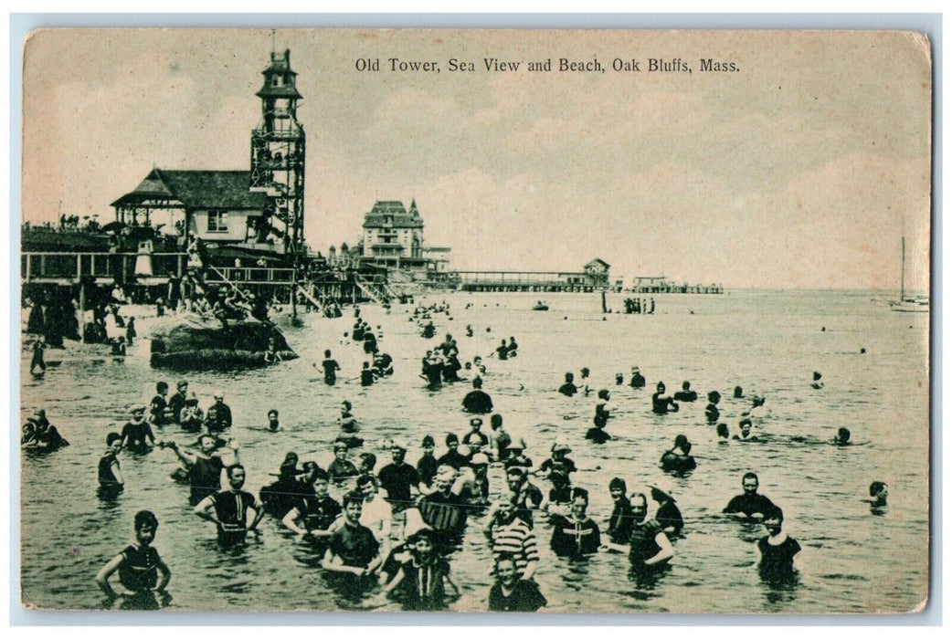 c1910 Old Tower Sea View Beach Oak Bluffs Massachusetts Vintage Antique Postcard