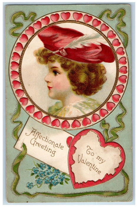 c1910's Valentine Gretting Pretty Girl Hat Feather Embossed Antique Postcard