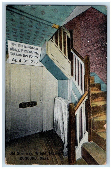 c1910 Old Stairway Wright Tavern Drank His Toddy Concord Massachusetts Postcard