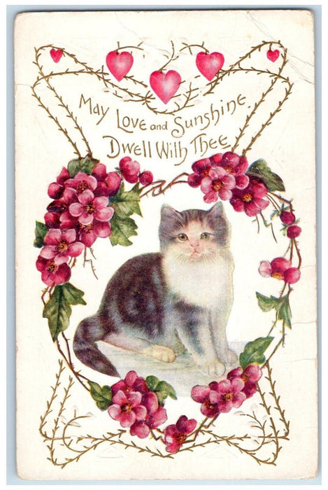 c1910's Valentine Heart Cat Kitten Flowers Hearts Embossed Antique Postcard