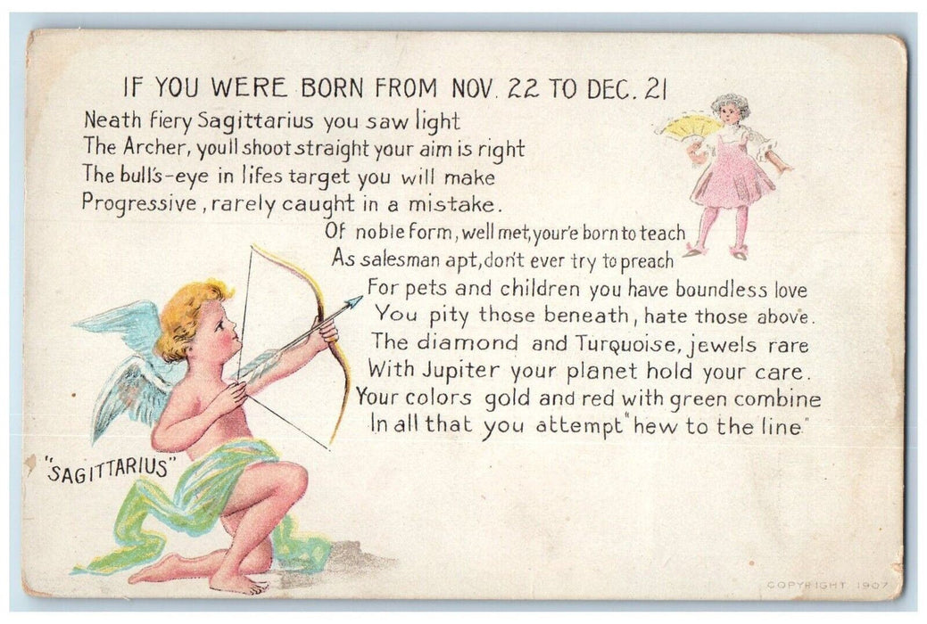 c1910's Valentine Cupid Angel Sagittarius Zodiac Sign Unposted Antique Postcard