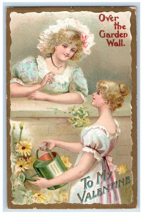 1912 Valentine Girls Watering Flowers Plants Embossed Chicago IL Posted Postcard