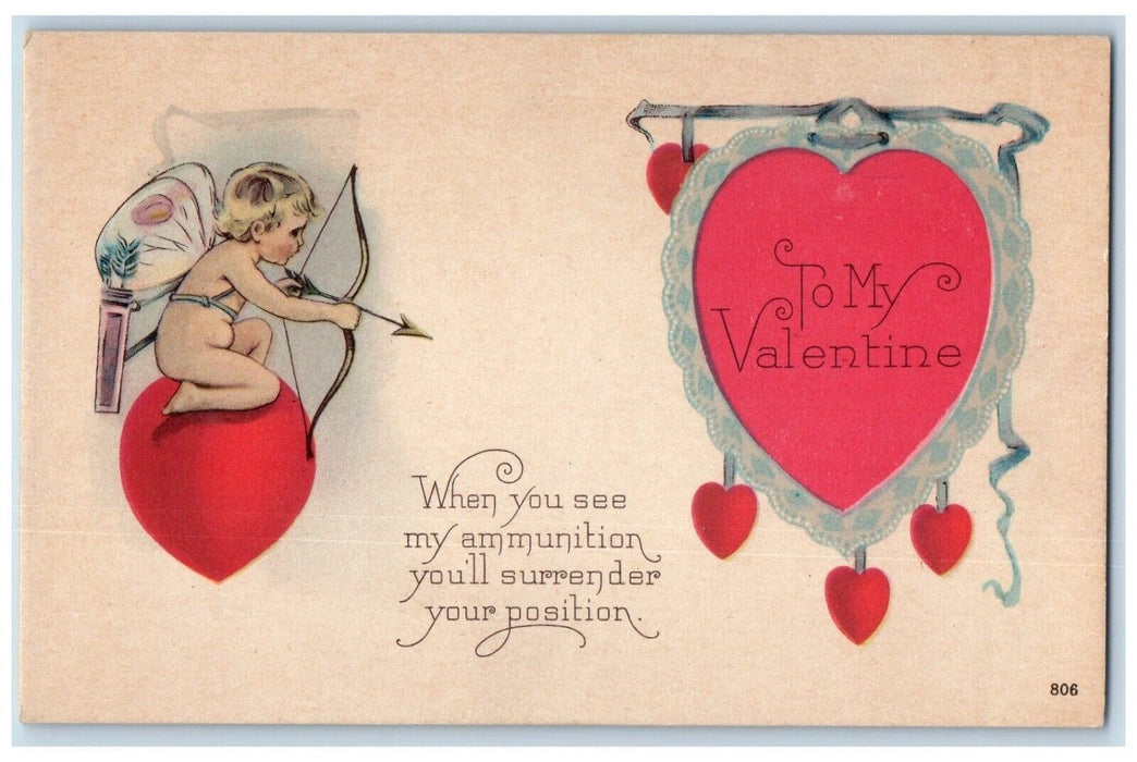 c1910's Valentine Cupid Angel Butterfly Wings Hearts Unposted Antique Postcard