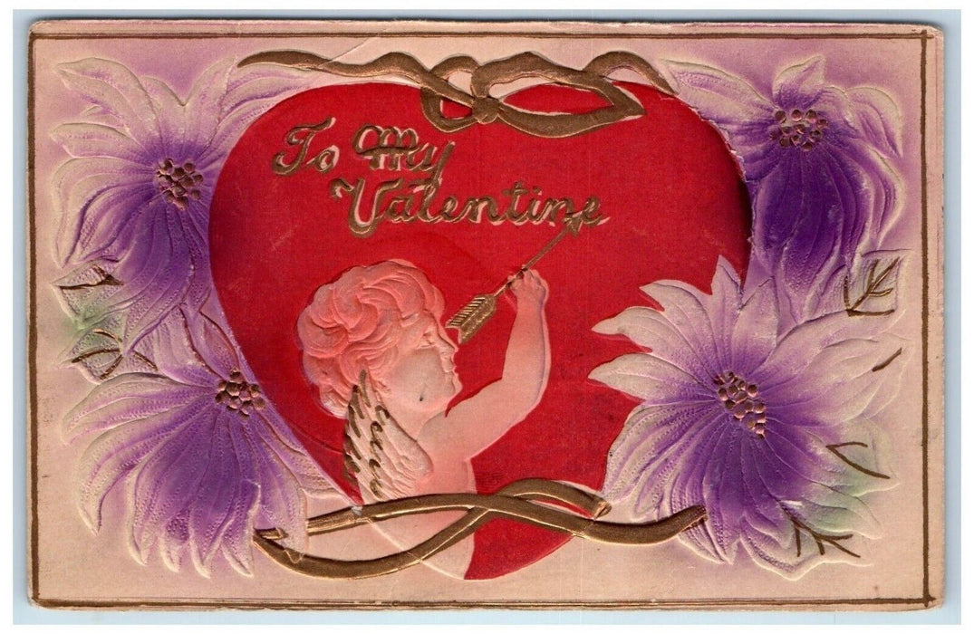 1910 Valentine Angel Arrow Big Heart Poinsettia Flowers Bigspring TX Postcard