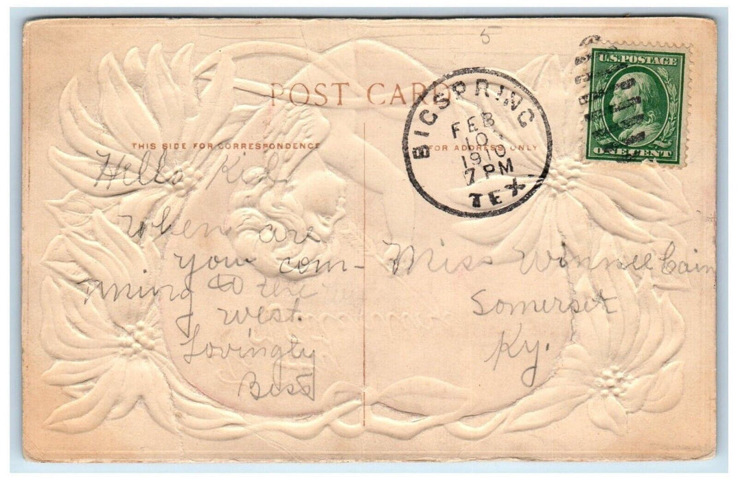 1910 Valentine Angel Arrow Big Heart Poinsettia Flowers Bigspring TX Postcard