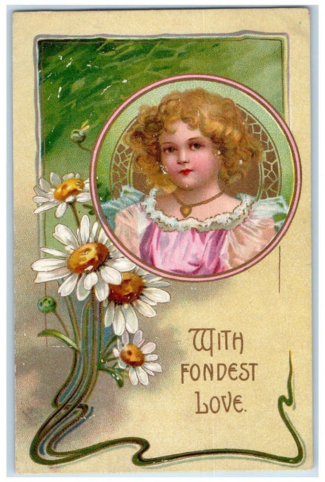 c1910's Valentine Pretty Girl Curly Hair Daisy Flowers Unposted Antique Postcard