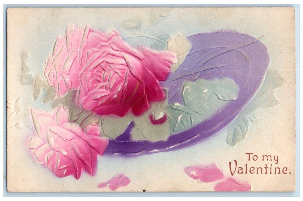 1908 Valentine Pink Roses Airbrushed Embossed Forest City IL Antique Postcard