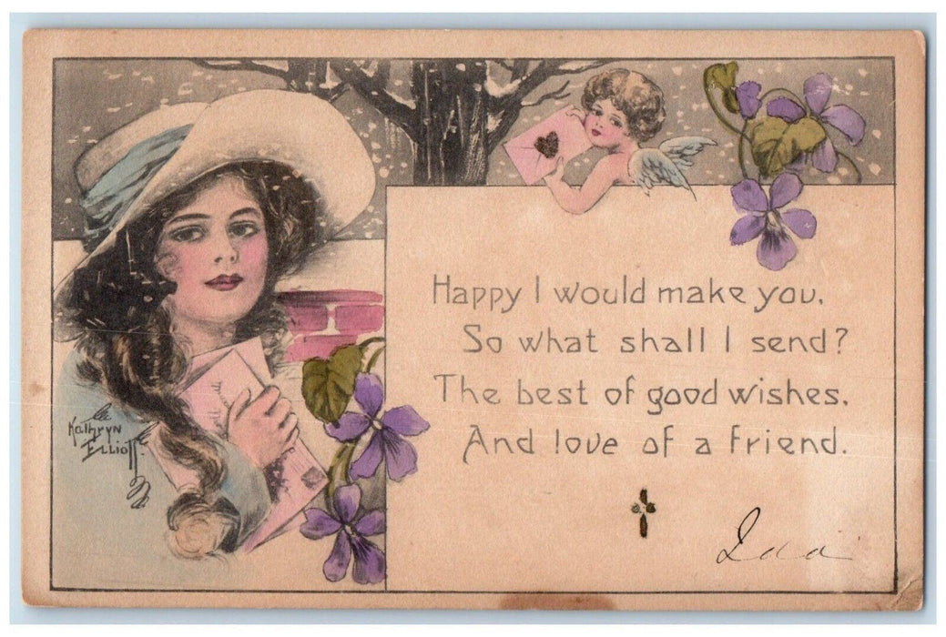 c1910's Valentine Pretty Girl Angel Letters Snowfall Pansies Elliott Postcard