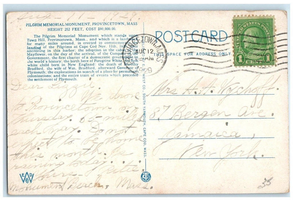 1929 Pilgrim Memorial Monument Bas Tablet Provincetown Massachusetts MA Postcard