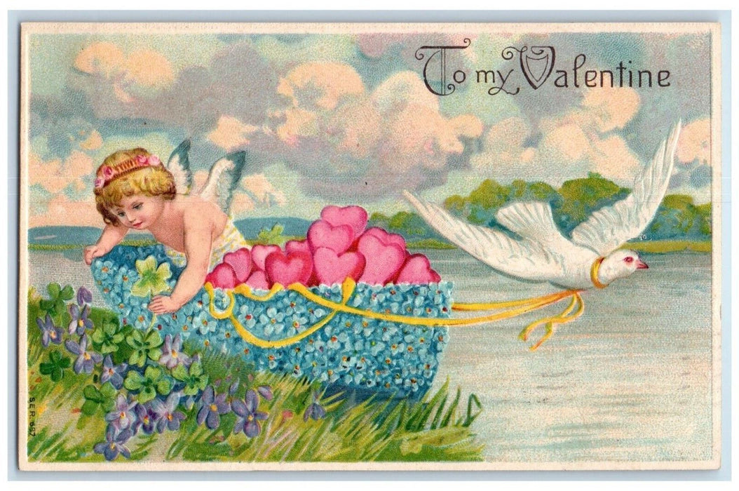 c1910's Valentine Dove Pulling Boat Pansies Flowers Hearts Embossed Postcard