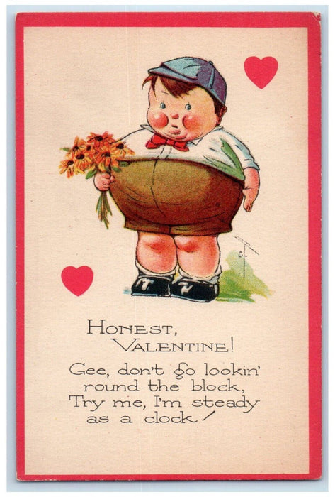 c1910's Valentine Fat Boy Hearts Flowers Twelvetrees Unposted Antique Postcard