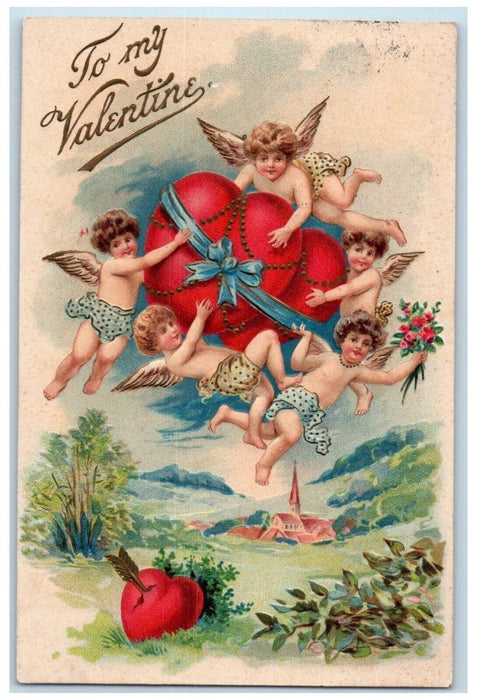 1909 Valentine Angels Big Hearts Arrow Flowers Ravenna Ohio OH Antique Postcard