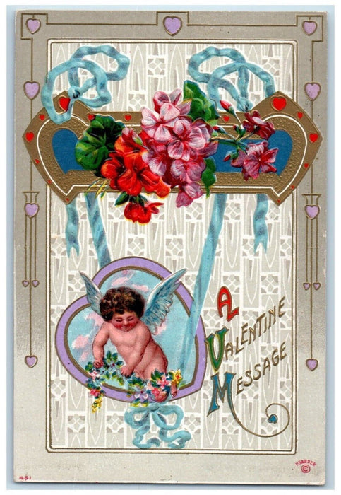 1911 Valentine Message Angel Heart Pansies Flowers Embossed Memphis MO Postcard