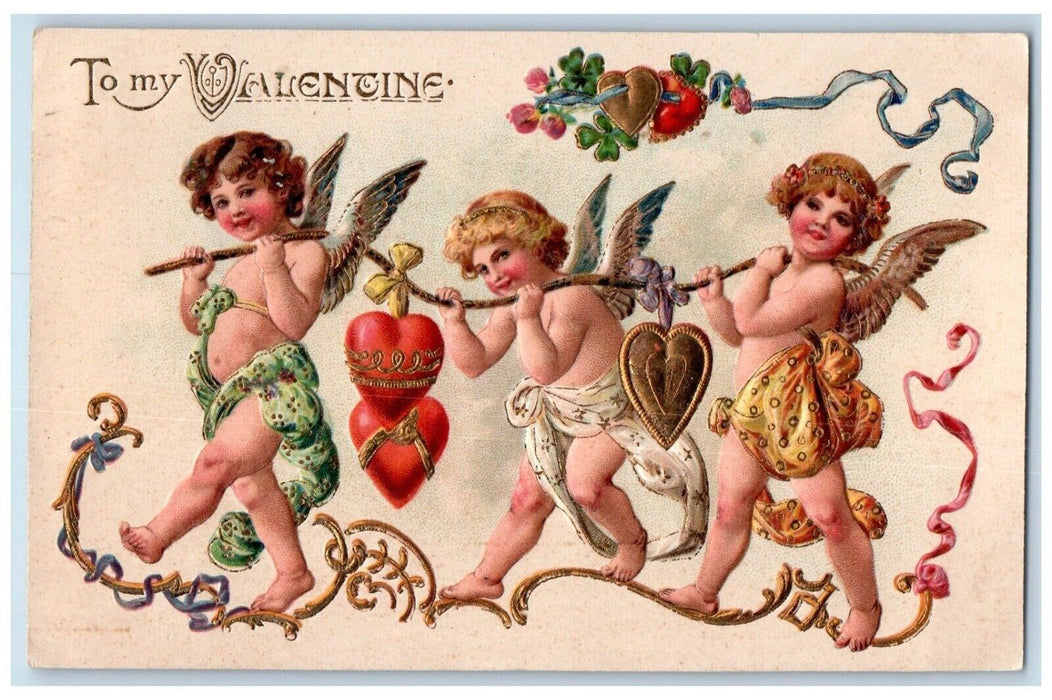 1909 Valentine Angels Carrying Hearts Pansies Flowers Shamrock Embossed Postcard
