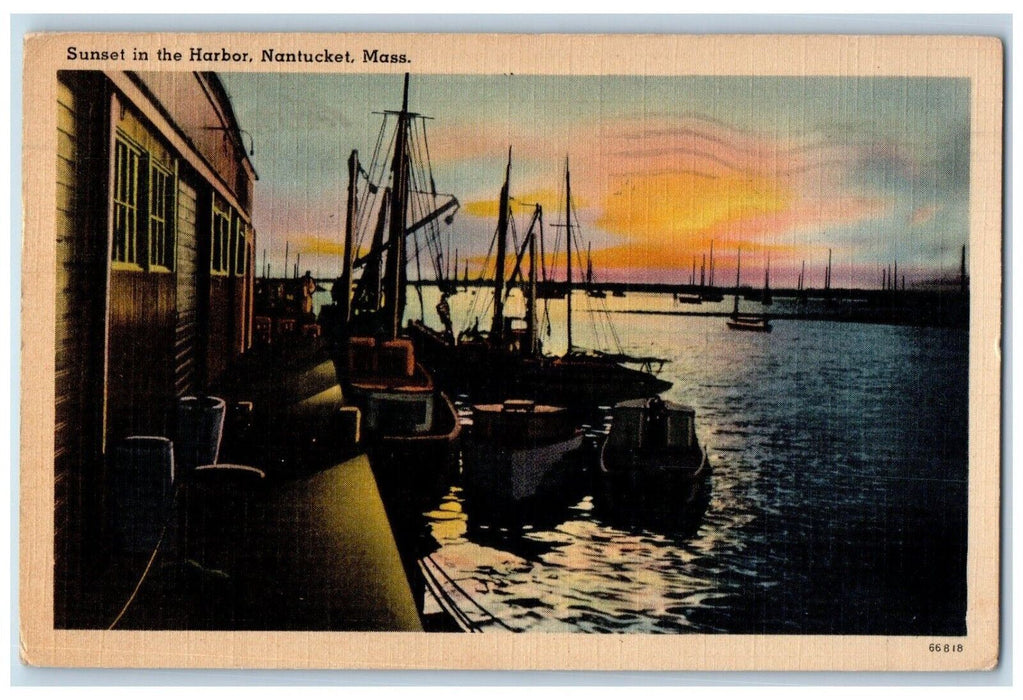 1941 Sunset Harbor Sailboat Boat Pier Shipyard Nantucket Massachusetts  Postcard