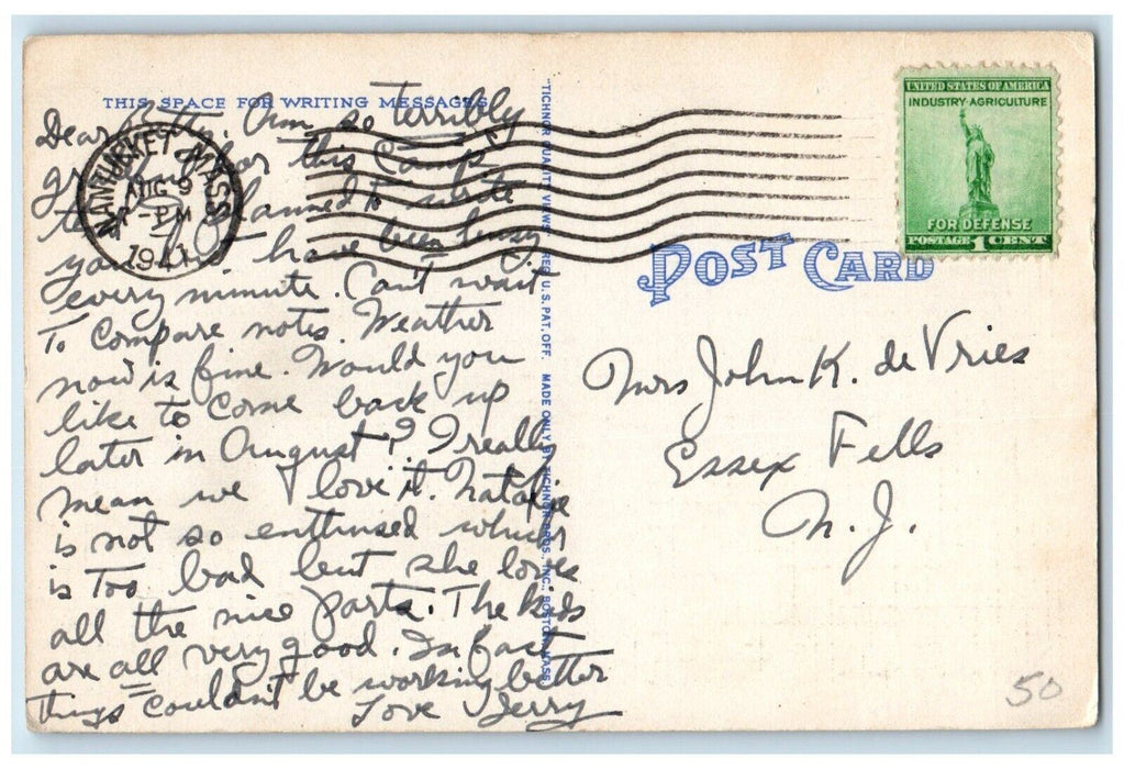 1941 Sunset Harbor Sailboat Boat Pier Shipyard Nantucket Massachusetts  Postcard
