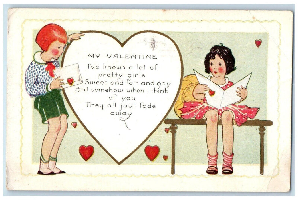 c1910's Valentine Boy Girl Big Hearts Letter Embossed Posted Antique Postcard