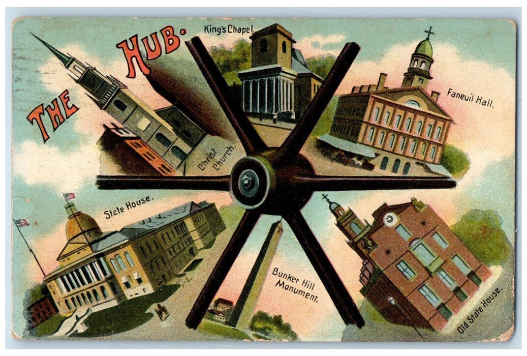 1909 Hub Kings Chapel Christ Church State Hill Multiview  Massachusetts Postcard