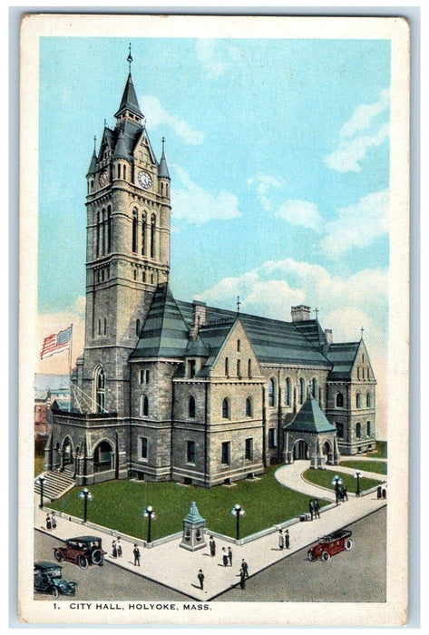 c1910 City Hall Exterior Tower Clock Street View Holyoke Massachusetts Postcard