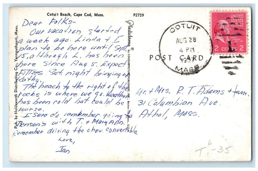 1957 Cotuit Beach Sand Boat Bathing Suit Cape Cod Massachusetts Vintage Postcard