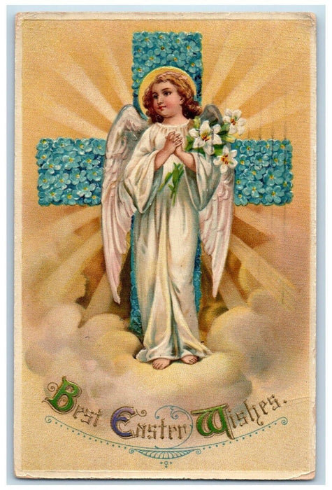 c1910's Easter Wishes Holly Angel White Lily Flowers Cross Pansies Postcard