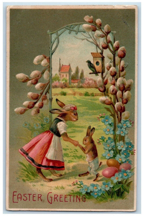 1908 Easter Anthropomorphic Rabbit Bunny Eggs Pansies Flowers Bird Cage Postcard