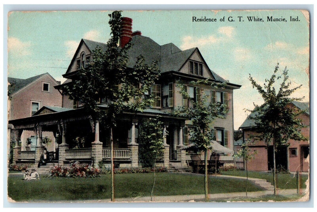1911 Residence Of G.T White Exterior Scene Muncie Indiana IN Antique Postcard