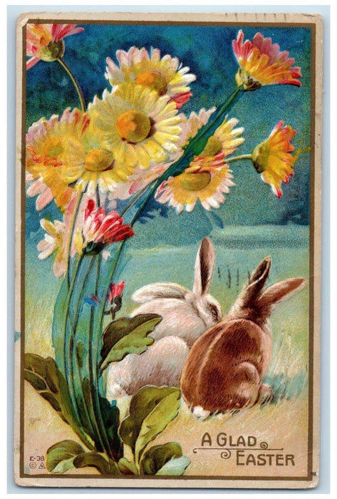 1913 Easter Bunny Rabbit Flowers Embossed Detroit Michigan MI Antique Postcard
