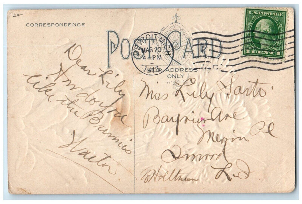1913 Easter Bunny Rabbit Flowers Embossed Detroit Michigan MI Antique Postcard