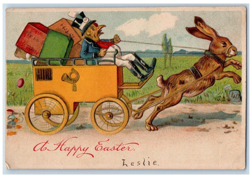 c1910's Easter Anthropomorphic Rabbit Chick Pulling Wagon Embossed Postcard
