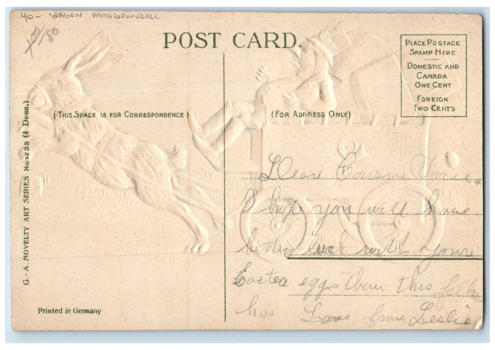 c1910's Easter Anthropomorphic Rabbit Chick Pulling Wagon Embossed Postcard